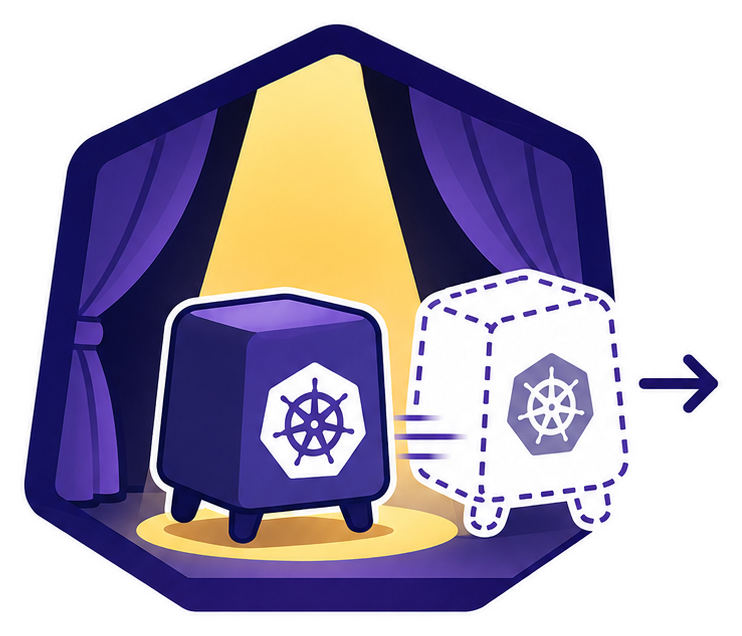 Understudy hexagonal badge: a Kubernetes pod on stage with theatre curtains and a standby pod exiting